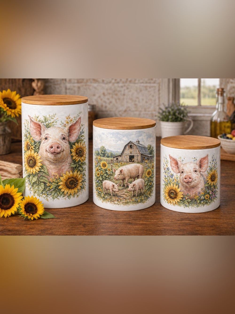 Pig & Sunflower Ceramic Canister Set with Wood Lids